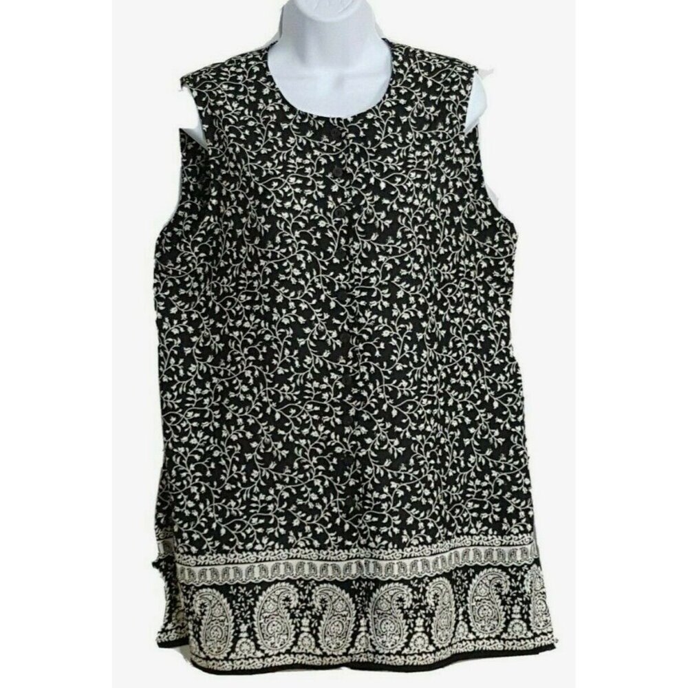 Chaus Women's Sleeveless Top 14 Floral Border Print Black Tunic Side Slits